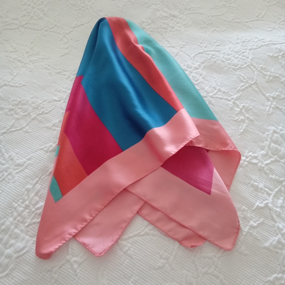 Zara Women's  Square Color Block Peach, Red, & Blue Scarf 22 1/4"